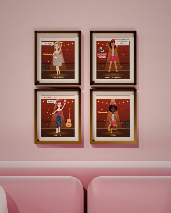Four framed canvases on a pink wall above a sofa